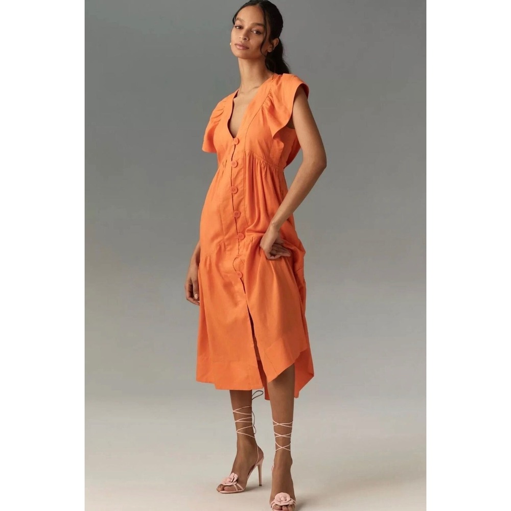 Anthropologie Reneé Flutter-Sleeve Linen Button-Front Midi Dress Orange Large